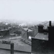 View from roof of buildings at the corner of Superior Viaduct and Columbus Rd. toward James Street, NW and the Flats