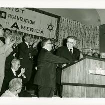 Abba Hillel Silver standing at podium during Zionist Organization of America event, circa 1950s