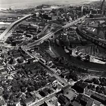Aerial photograph of Cleveland, Ohio, and the Cuyahoga River Flats from the west