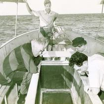 Abba Hillel Silver, Virginia Horkheimer Silver, and Hanoch Nanner, with unidentified man in a boat, Eilat, Israel, circa 1950s