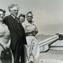 Abba Hillel Silver and Virginia Horkheimer Silver standing with two unidentified men, Dead Sea, Oron, Israel, circa 1950s