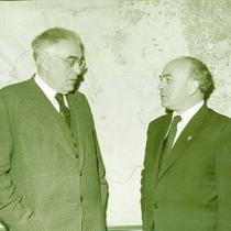 Abba Hillel Silver standing with Mayor Gershon Agron, Jerusalem, Israel, circa 1950s